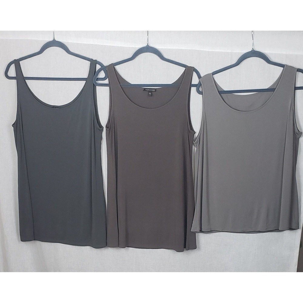 Eileen Fisher 100% Silk Jersey Tank Top Lot of 3 Gray Taupe M Quiet Luxury